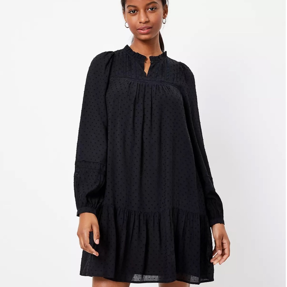 Loft Black Dotted Lacy Ruffle Swing Dress Mini Size XS